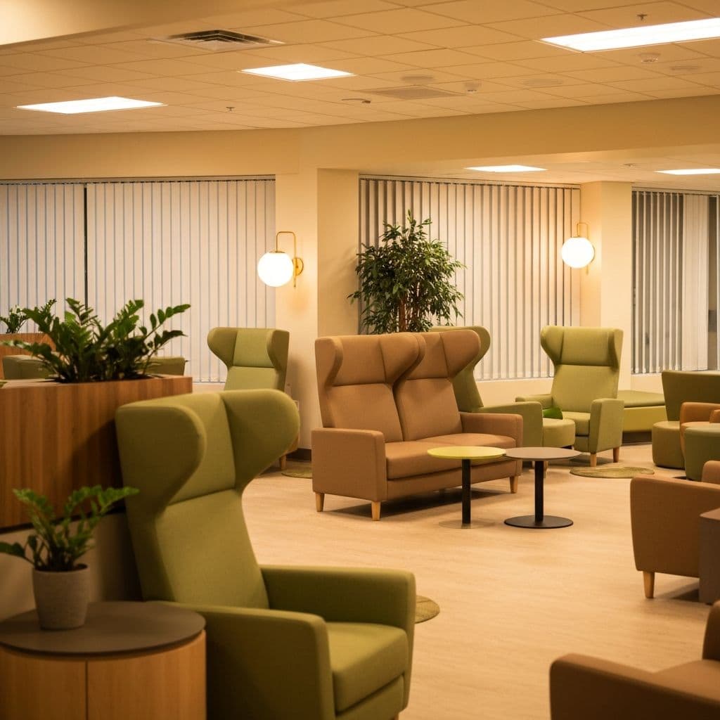 Cannabis-friendly rehabilitation center lounge with comfortable seating and natural light - treatment environment that supports recovery without cannabis discrimination